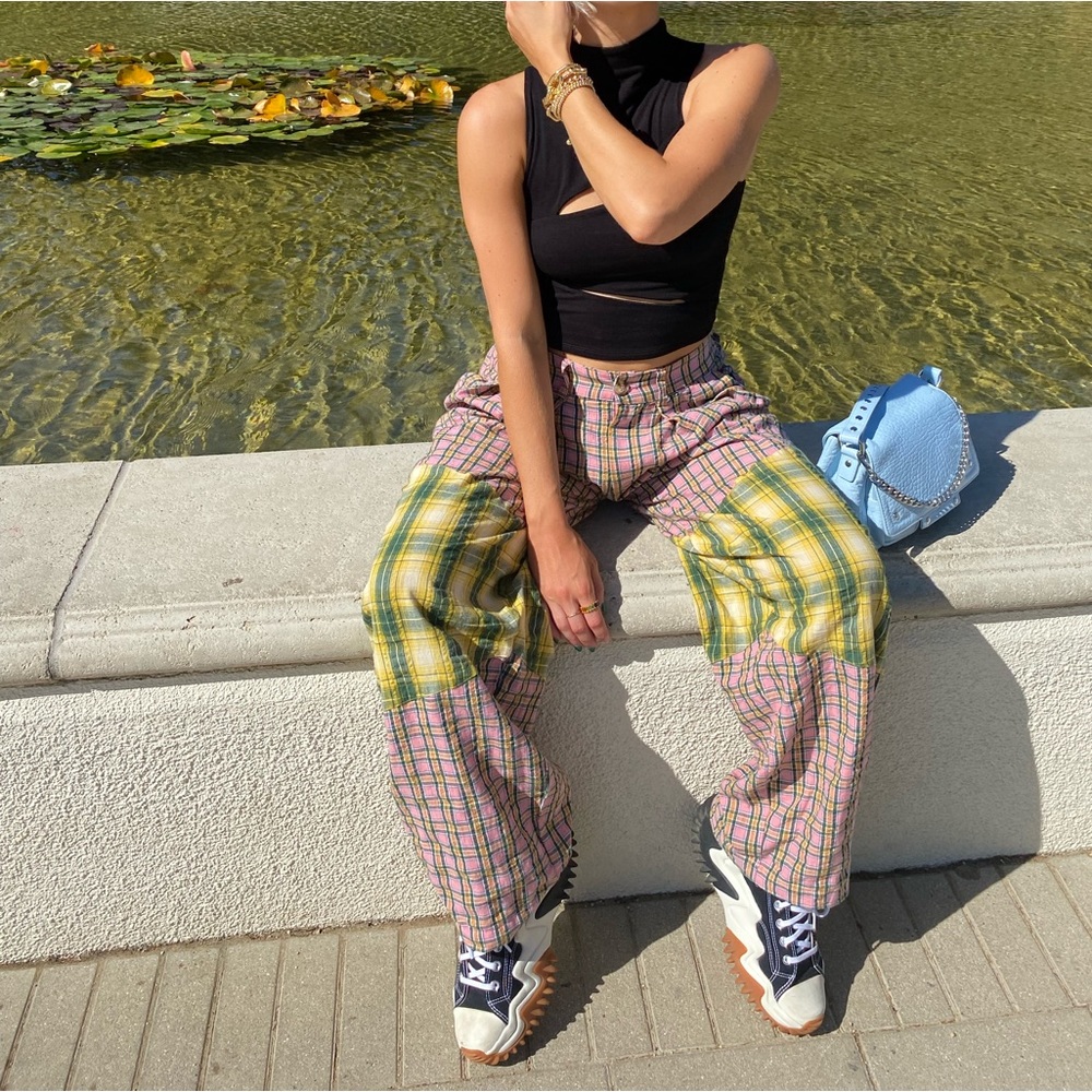 Patchwork baggy plaid pants